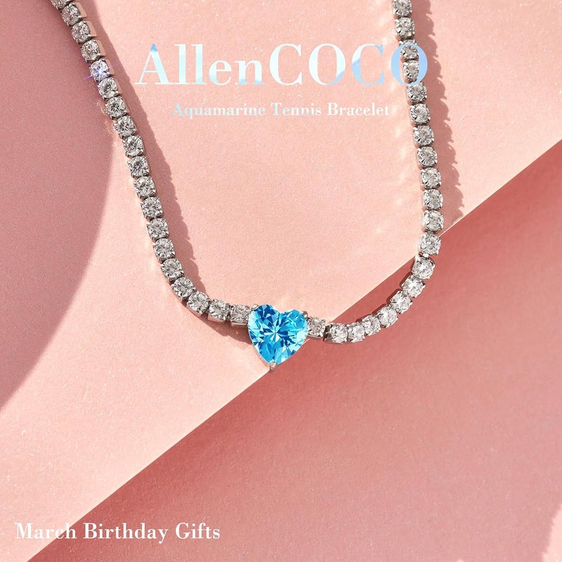 AllenCOCO Sterling Silver Heart Birthstone Bracelet, 14K White Gold Plated, AAAAA+ CZ Cubic Zirconia, Tennis Chain with Heart Charm, Hypoallergenic, Non-Tarnish Jewelry Gift for Women - Image 2